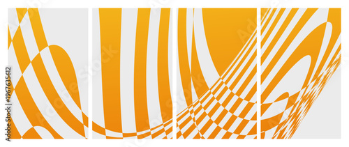 Energetic orange and yellow abstract background featuring vertical panels with distorted, wavy grid patterns that simulate a sense of liquid movement and depth.