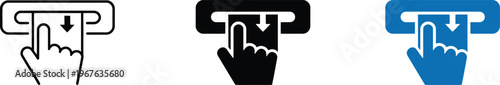 ATM bank card insertion process icon showing human hand using automated teller machine for payment