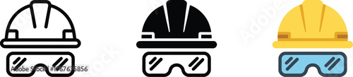 Safety helmet and glasses vector illustration, protective workwear icon, construction worker gear