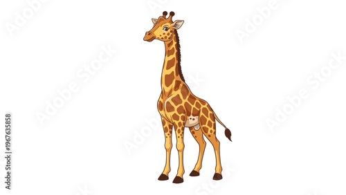 Illustration of a standing giraffe with brown and yellow spots on a white background.