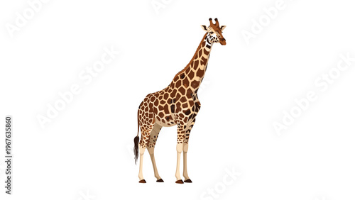 A giraffe standing on a white background, looking to the right, with a brown and yellow coat featuring distinctive spots.