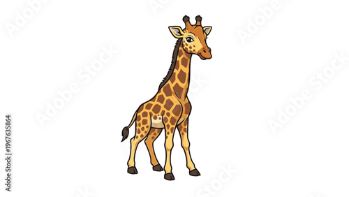 A cartoon giraffe standing on a plain white background with a colorful, spotted coat and a curious expression.