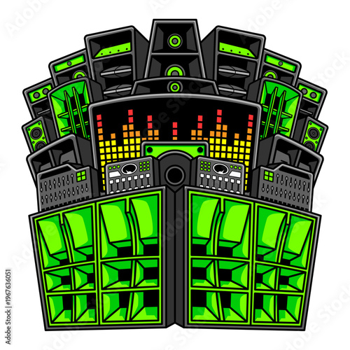 Colorful detailed vector cartoon illustration of a symmetrical sound system tower and audio mixing equipment for branding, logo, merchandise, t-shirt design and mascot purposes