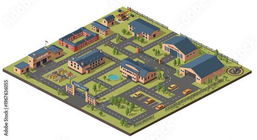 Detailed Military base isometric map vector illustration showcasing army camp infrastructure, diverse buildings, ground vehicles, and strategic layout for defense operations and logistics planning