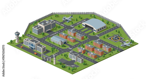 Military base isometric map vector illustration. Detailed graphic of an air force facility featuring operational buildings, airfield, control tower, barracks, and aircraft