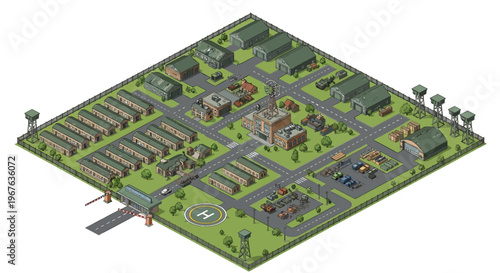 Military base isometric map vector illustration of an aerial view of a military compound with buildings, roads, vehicles, and a helipad, perfect for strategy games and urban planning