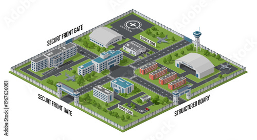 Military Base Isometric Map Vector A Detailed Illustration of a Secure Facility with Buildings, Gates, and Airfield