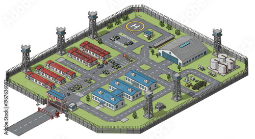 Military base isometric map vector illustration for strategic game design and simulation