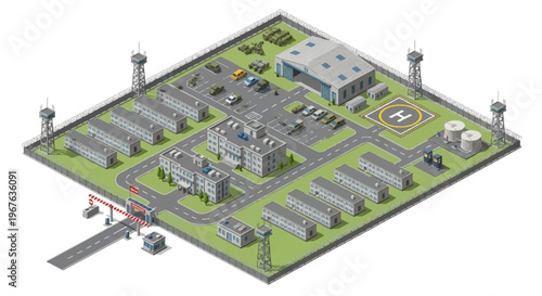 Isometric vector illustration of a military base map, showcasing strategic facilities and infrastructure for defense operations