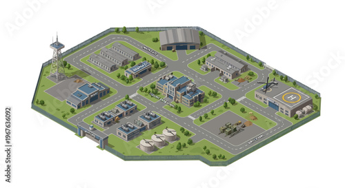 Detailed Military Base Isometric Map Vector Illustration A Comprehensive Aerial View of a Strategic Military Installation with Buildings, Airfield, and Security Infrastructure