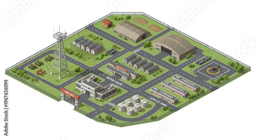 Military base isometric map vector illustration of a secure complex with barracks and hangars, representing strategic defense infrastructure for global security