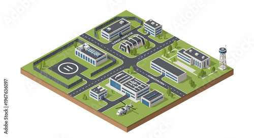 Advanced military base isometric map vector illustrating a detailed layout of modern defense facilities, strategic buildings, and sophisticated infrastructure for national security operations
