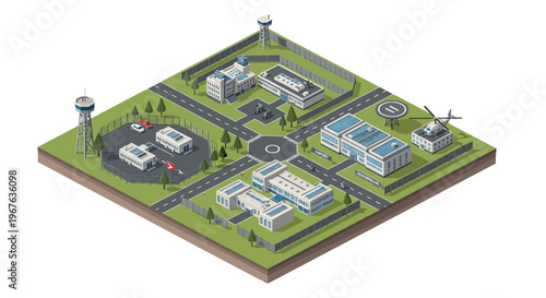 Military base isometric map vector illustration of security complex with buildings and helipad