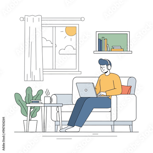 Man working from home on laptop wearing headphones.