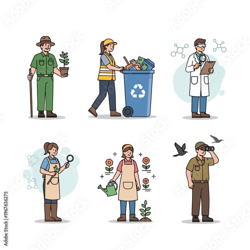 Set of six illustrations depicting various environmental and scientific professions.