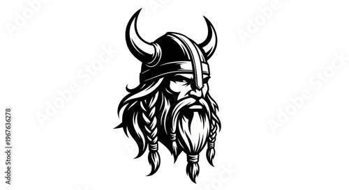 Viking Warrior Head with Horned Helmet and Braided Beard.