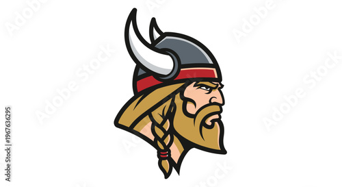 Viking Warrior Head with Horned Helmet and Braided Beard.