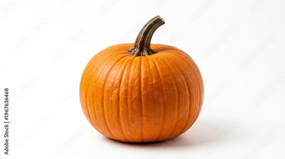 Obraz premium A single, vibrant orange pumpkin sits isolated on a clean white background, captured in a studio with a bright, natural light.