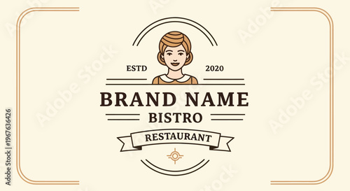 Vintage Bistro Restaurant Logo with Female Character and Brand Name.