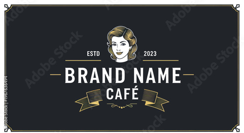 Vintage Cafe Logo with Elegant Woman Portrait and Brand Name.