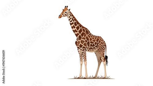 A giraffe standing on grass against a white background with brown spots and long neck.