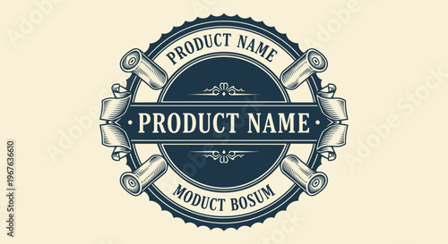 Vintage Product Name Label Design with Ornate Details and Ribbons.
