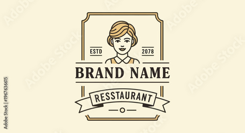 Vintage Restaurant Logo with Woman Portrait and Ribbon Banner Design.