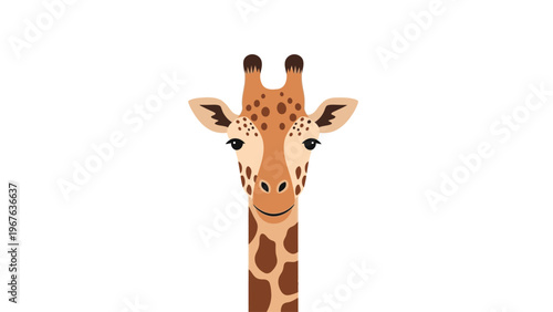 Close-up illustration of a giraffe's face with a cheerful expression on a white background.