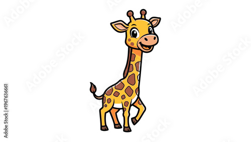 Cartoon giraffe standing on a plain white background with a cheerful expression.