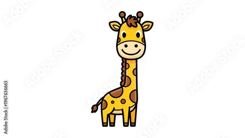 A cartoon giraffe with a happy expression stands against a plain white background in a digital illustration.