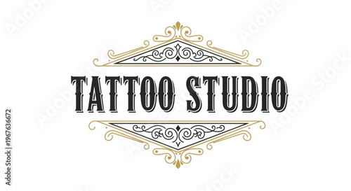 Vintage Tattoo Studio Logo with Ornate Decorative Frame Design.
