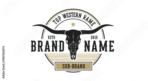 Vintage Western Brand Logo with Bull Skull and Text Elements.