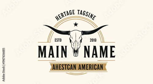 Vintage Western Bull Skull Logo Design with Heritage Tagsine and Main Name Text.