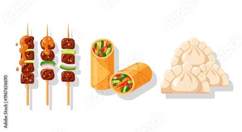 Illustration of various Asian street foods including skewers and burritos.