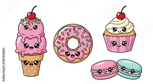 Colorful cartoon desserts including ice cream cupcake macarons on a white background