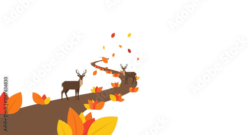 Deer stand on a hill with autumn leaves falling around them in nature scene.
