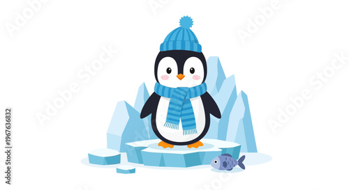 A cartoon penguin wearing a blue hat and scarf stands on an ice floe with a fish.