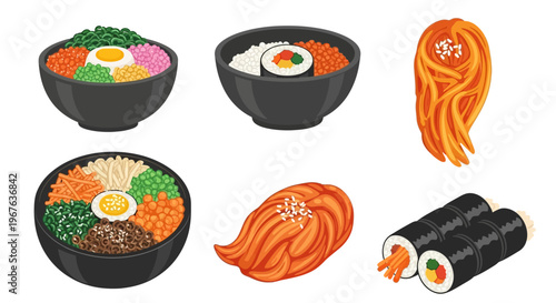 Variety of Korean dishes including sushi and bibimbap bowls on a white background.