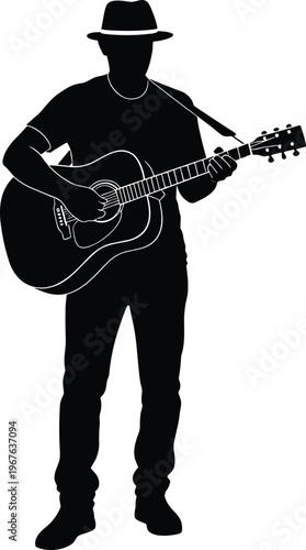 Silhouette of a male musician playing acoustic guitar wearing a hat, standing pose, isolated on white background for music design,