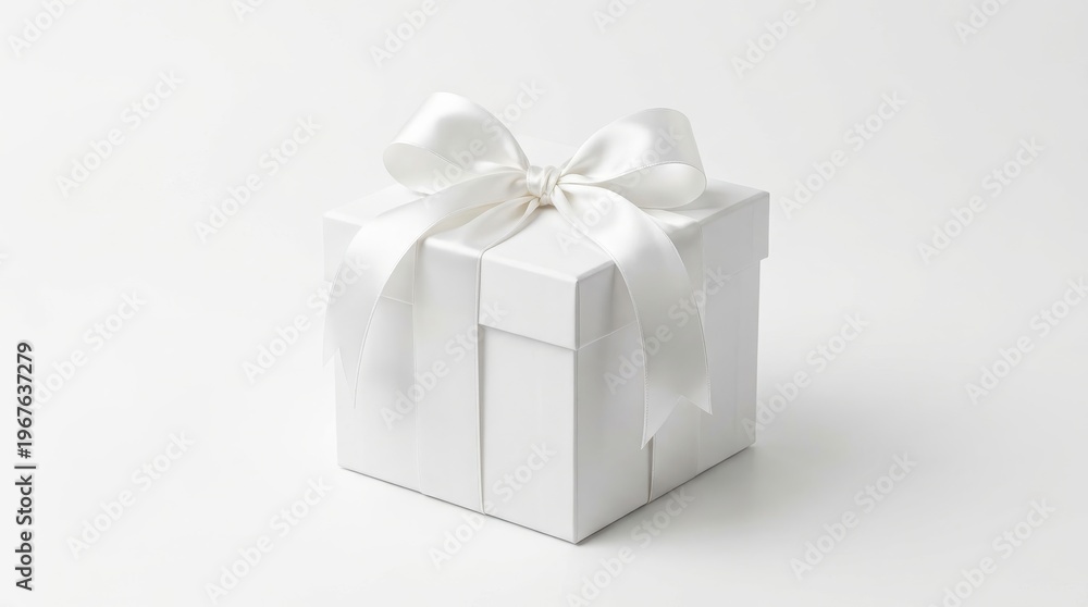 Fototapeta premium A simple white gift box tied with a satin ribbon bow, presented in a clean, minimalist studio setting with soft lighting and a bright white background.