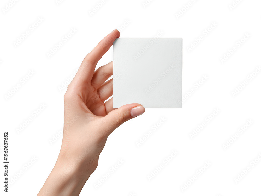 Fototapeta premium Hand holding a blank white card isolated on transparent background