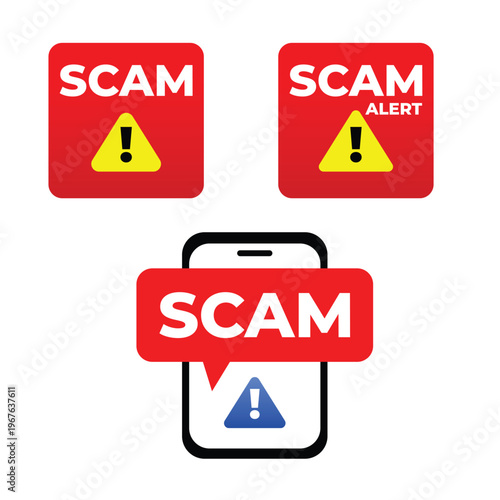Scam Alert Mobile Warning Icons – Fraud Notification, Fake Message Phone Security Concept