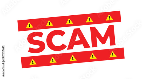Scam Warning Banner – Red Alert Fraud Sign with Caution Symbols