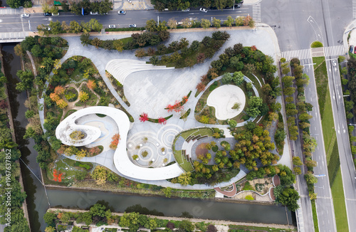 Aerial view of modern park at autumn