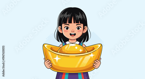 Happy little girl holding a large golden sycee ingot, celebrating Lunar New Year.