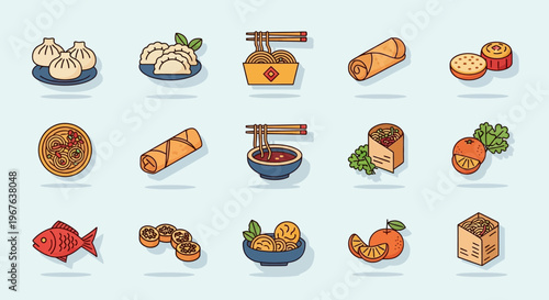 Collection of colorful Asian food illustrations with a light blue background.
