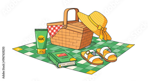 Summer picnic essentials: basket, hat, book, sunscreen, sandals on checkered blanket