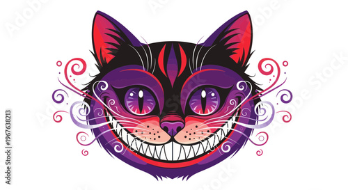 Whimsical Cheshire Cat Face with Grinning Smile and Swirls, Magical Character Illustration