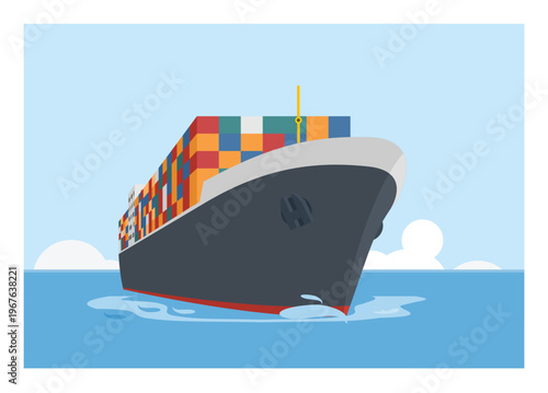 Container ship sailing on the sea. Simple colored illustration in perspective view.