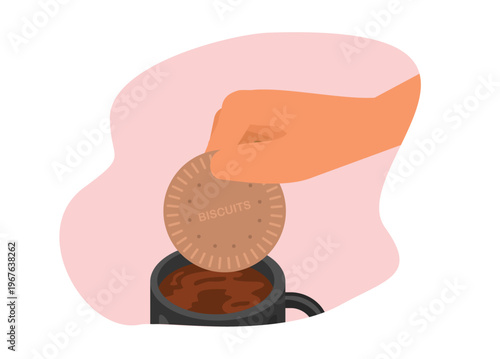 Hand dipping biscuit into a cup filled with hot tea. Simple flat illustration.